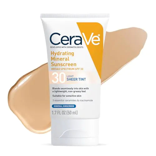 CeraVe Hydrating Mineral Sunscreen SPF 30 with Sheer Tint Tinted Mineral Sunscreen with Zinc Oxide & Titanium Dioxide Blends Seamlessly For Healthy Glow Light 1.7 Oz
